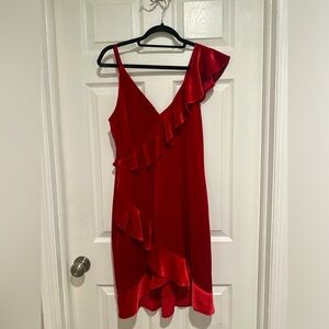 Express Red Velvet Asymmetrical Ruffle Dress Size M One Shoulder Cocktail